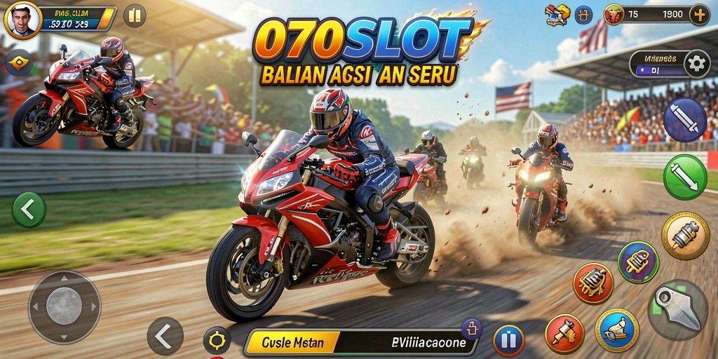 Gameplay 070SLOT menampilkan balapan motor yang seru dan menegangkan.