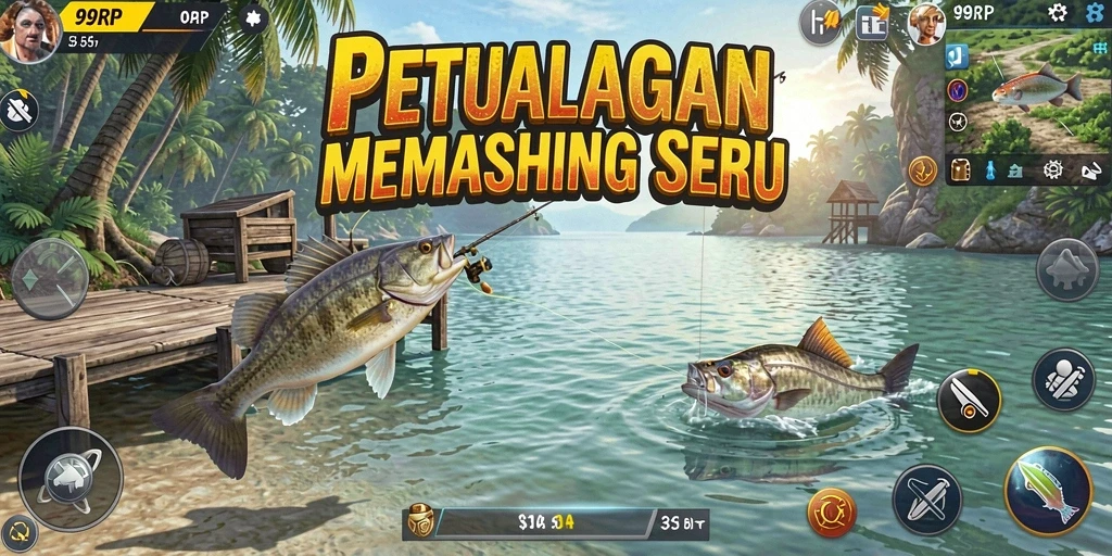 Gameplay seru 99RP dengan tangkapan ikan berwarna-warni.