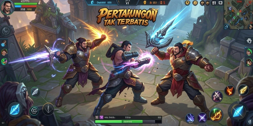 Tangkapan layar KOSTOTO menampilkan aksi pertempuran seru dan hero yang beragam.