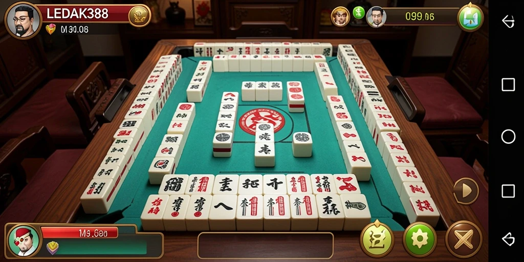 Tampilan gameplay seru dalam LEDAK388 dengan ubin Mahjong.
