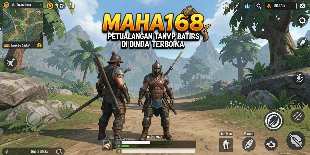 Screenshot utama MAHA168 menampilkan pemain yang menjelajahi dunia terbuka yang indah.