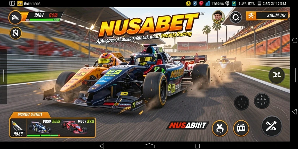Screenshot gameplay NUSABET dengan mobil balap di lintasan.
