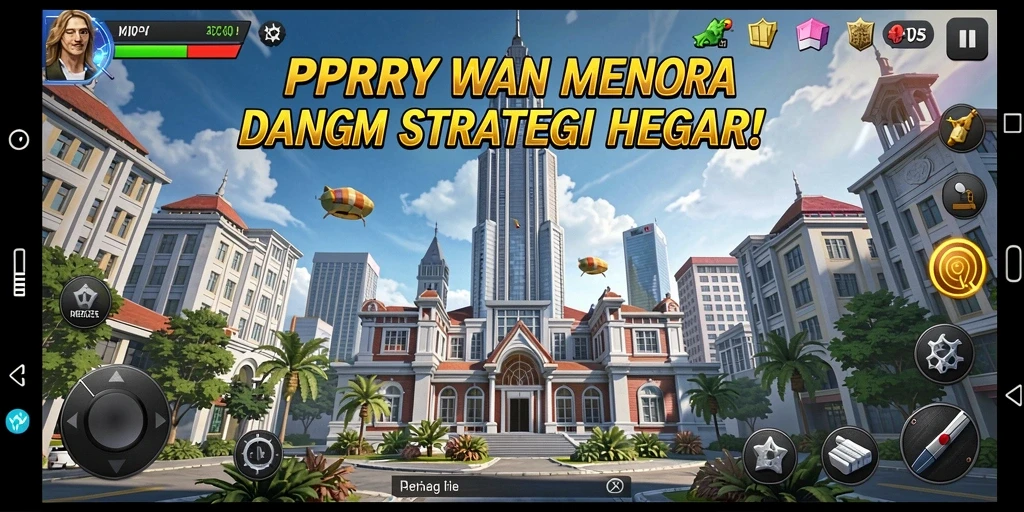 Gameplay PPRRYY menampilkan menara dan aksi pertahanan yang dinamis.