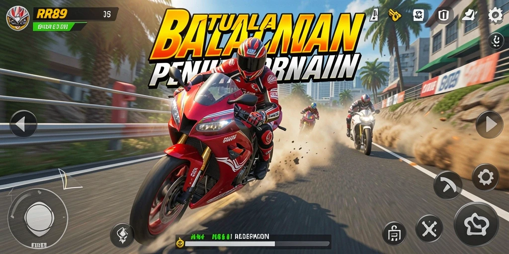 Screenshot RR89 menampilkan aksi balap motor yang mendebarkan.